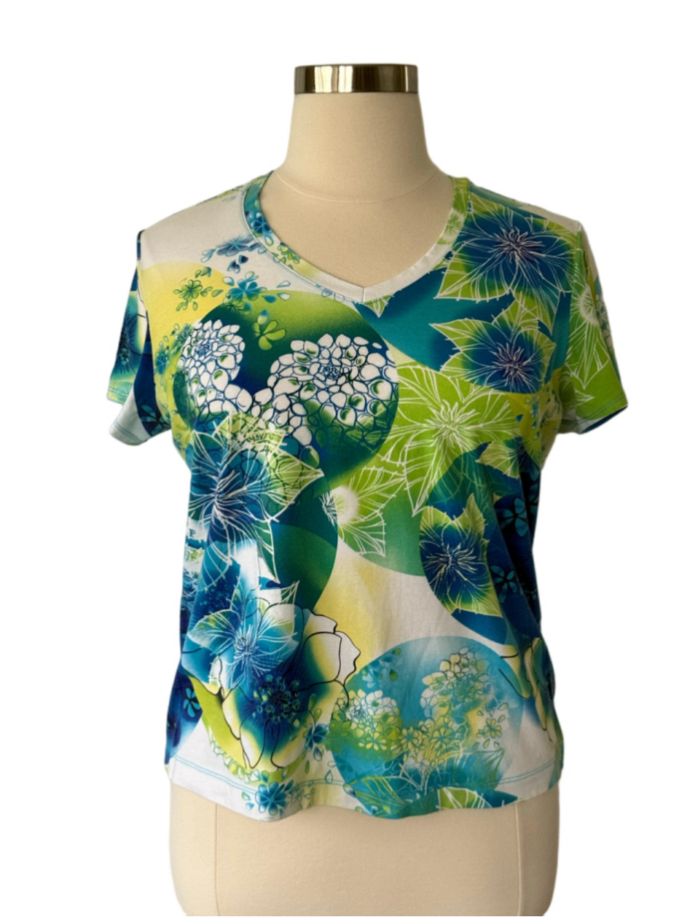Chico's Short Sleeve Tee Size 16 Green Blue Floral Print (Chico's 3)